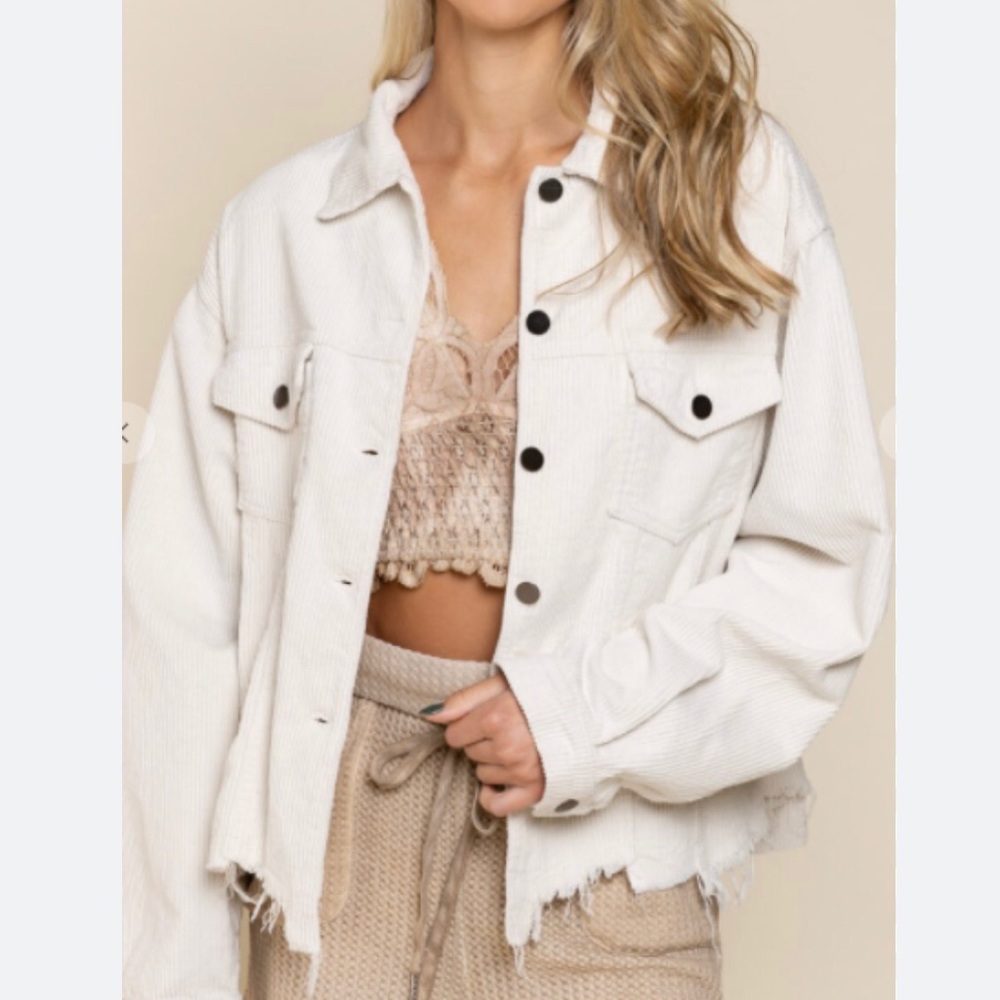 POL beige distressed frayed corduroy jacket with 2 front pockets size La…